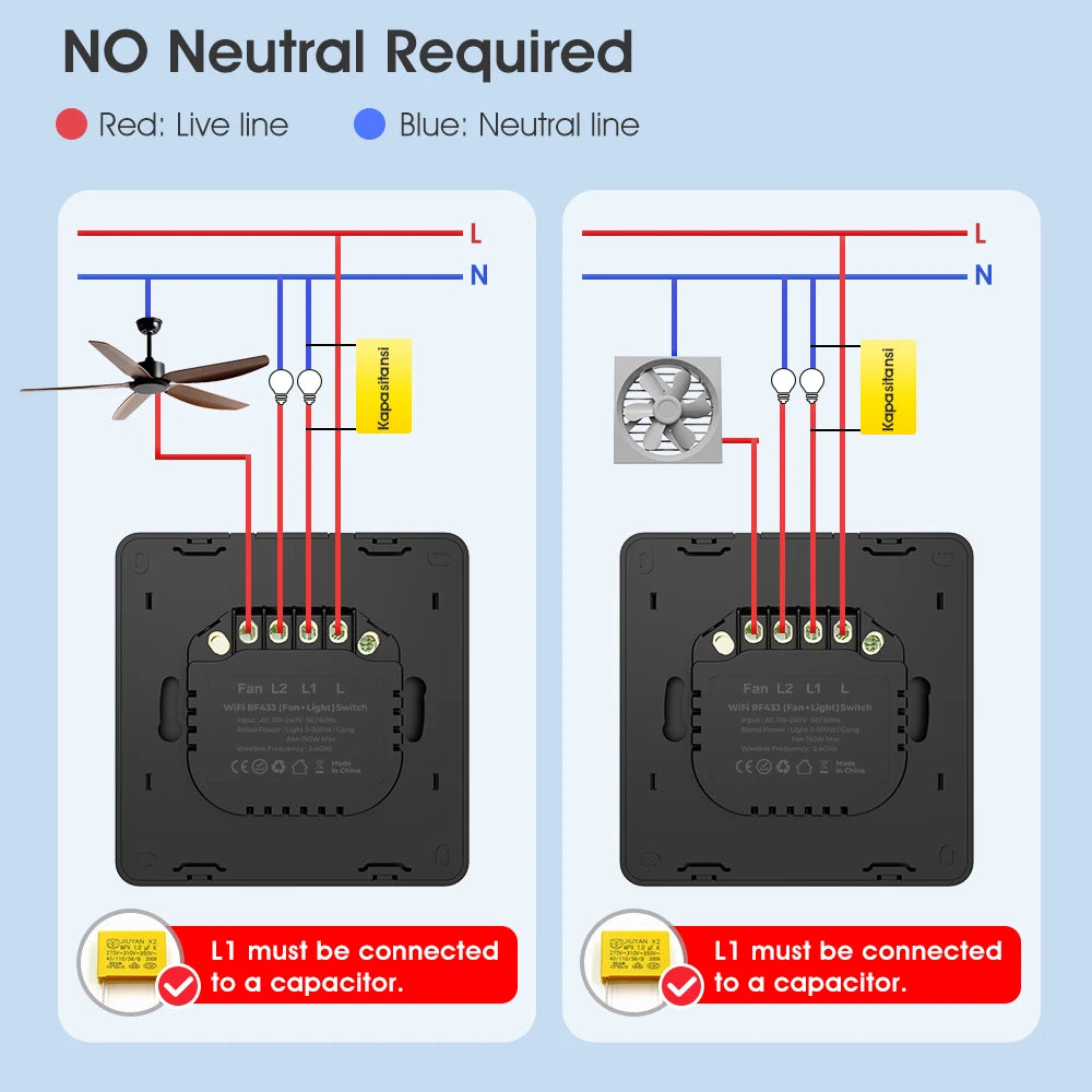 No Neutral Wire Tuya Smart WiFi RF433 Fan Ceiling Light Switch Timer Wall Glass Touch Switch Backlight Timing Control Voice