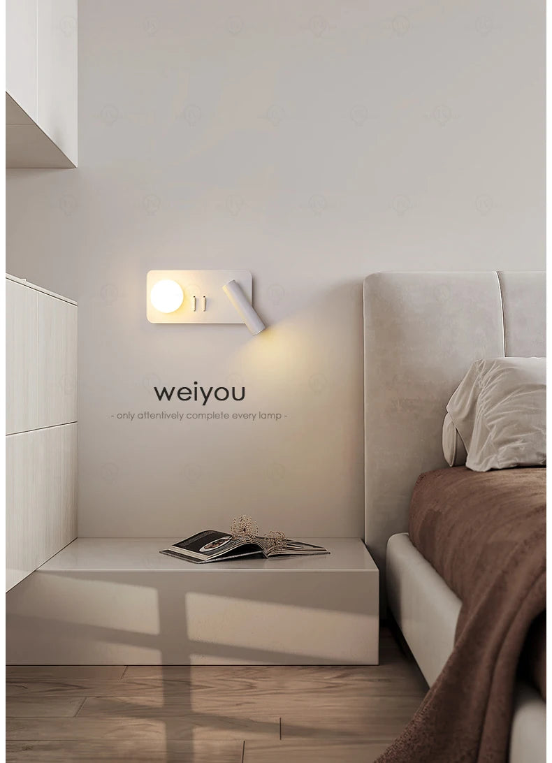 White wall lamp backlight 350 degree rotation adjustable wall lamp hotel bedroom bedside study reading desk lamp with switch