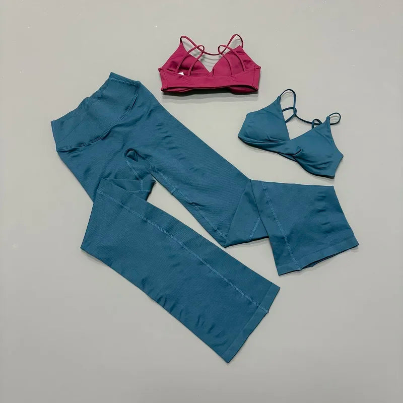 2Pcs Women Sports Yoga Set Halter Neck Sports Bra Flare Leggings Seamless Hip Lifting Quick Dry Gym Fitness Workout Activewear