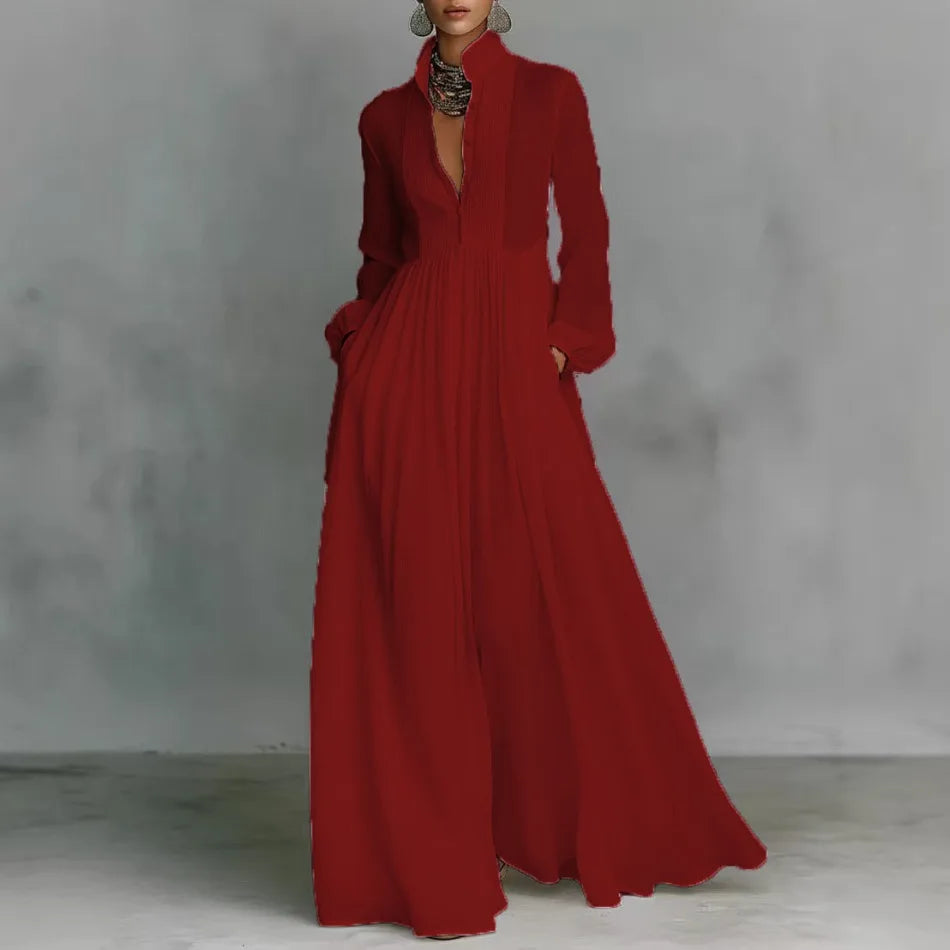 Elegant High Waist Swing Long Dress Woman Spring Solid Pockets Pleated Maxi Dress Spring Autumn Long Sleeve Button Evening Dress