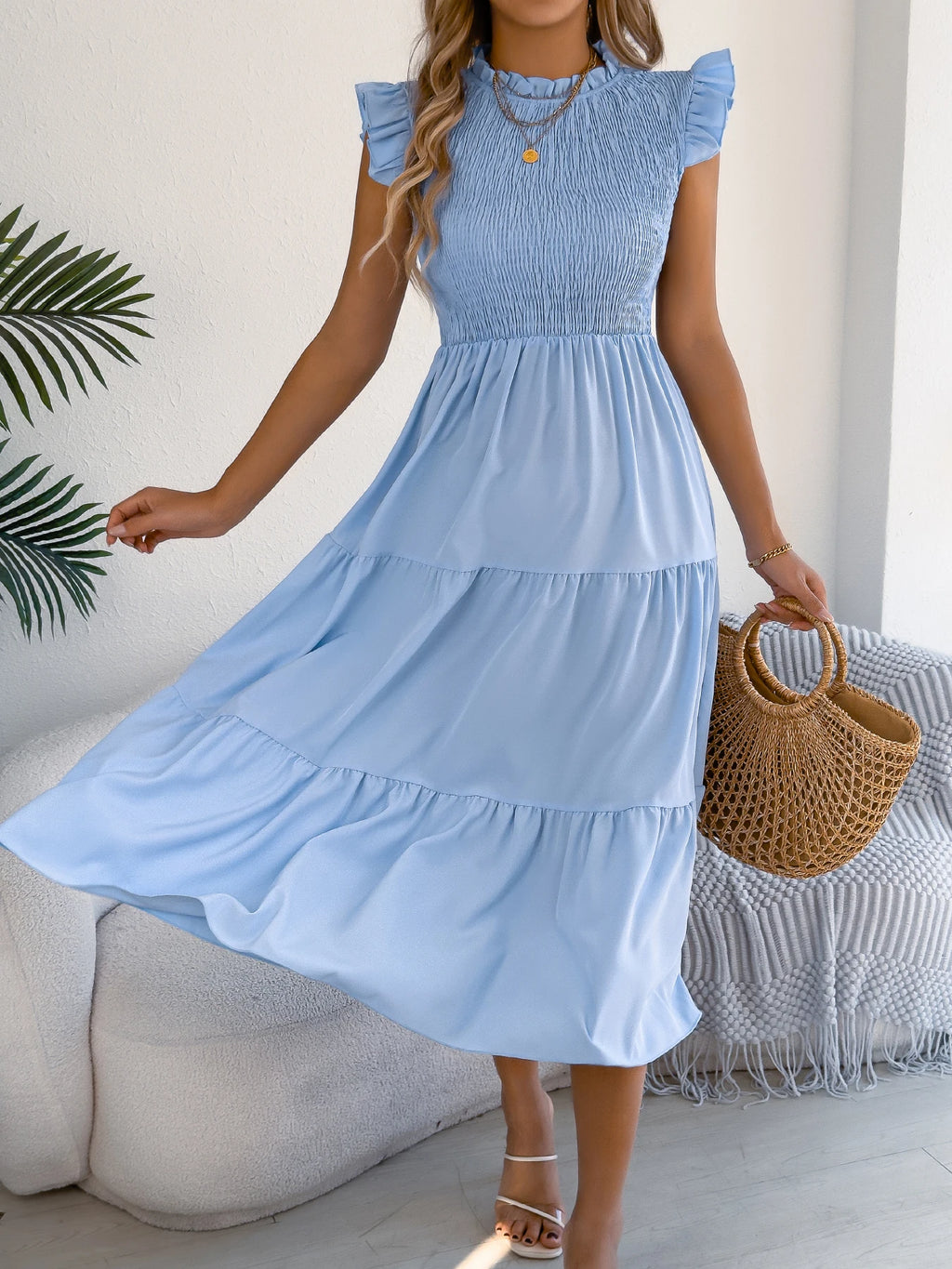 Spring Summer Elegant Ruffled Dresses for Women 2026 Casual Vacation Solid Color Round Neck Sleeveless Long Dress Blue Green