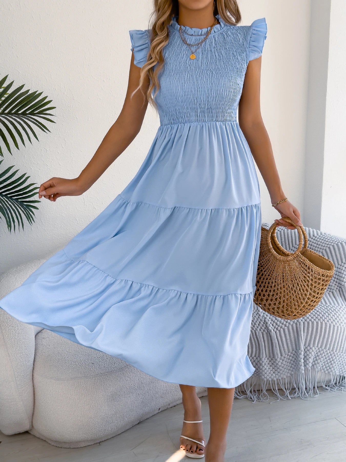 Spring Summer Elegant Ruffled Dresses for Women 2026 Casual Vacation Solid Color Round Neck Sleeveless Long Dress Blue Green