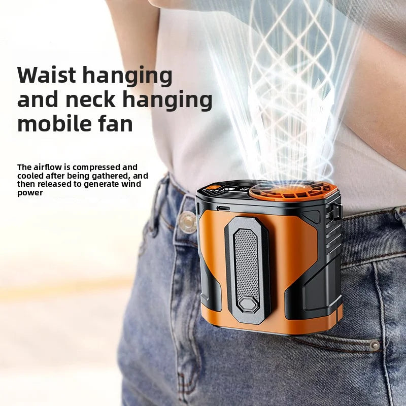 Waist-mounted electric fan with digital display, portable, suitable for outdoor travel, low noise, strong wind, neck-hanging fan