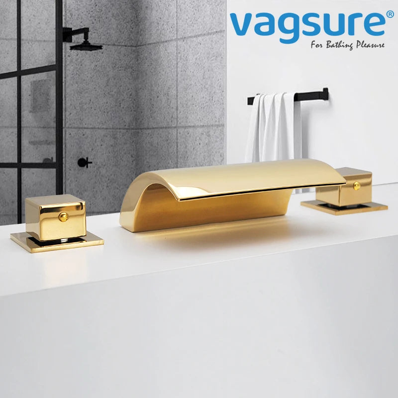 3PCS Bathroom Bathtub Faucet Basin Faucet Deck Mounted  Spa Tub Mixer Tap Cold Hot Mixer Waterfall  Matte Black or Gold Color