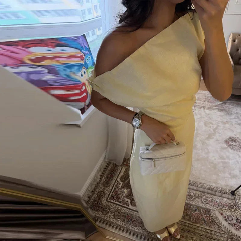 Elegant Off Shoulder Women's Dress Solid Sleeveless Oblique Collar Long Female Dresses 2026 Summer Fashion Lady Comfortable Robe