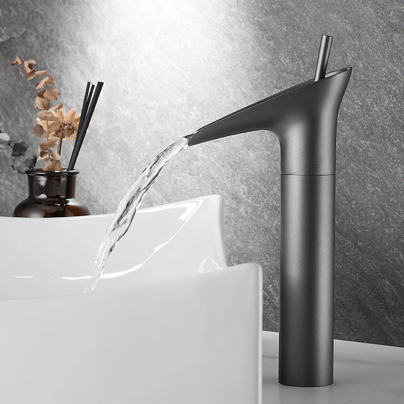 Bathroom Basin Faucet Sink Mixer Gun Grey Color Hot Cold Water Mixer Deak Mounted Waterfall Style Copper Sink Taps FR651