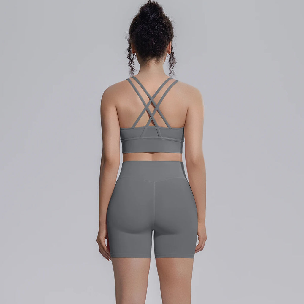 2PCS/set Yoga Set Summer Breathable Running Cycling Backless Sports Bra High Waist Peach Buttocks Fitness Shorts Gym Yoga Set