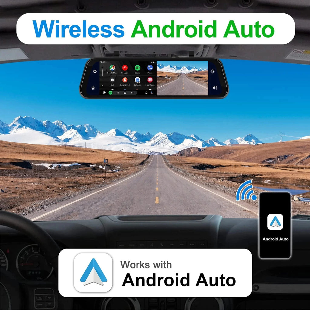 4K Mirror Dash Cam 9.66" with Carplay Android Auto Touch Screen Backup Camera Front and Rear View Dual Cameras for Car