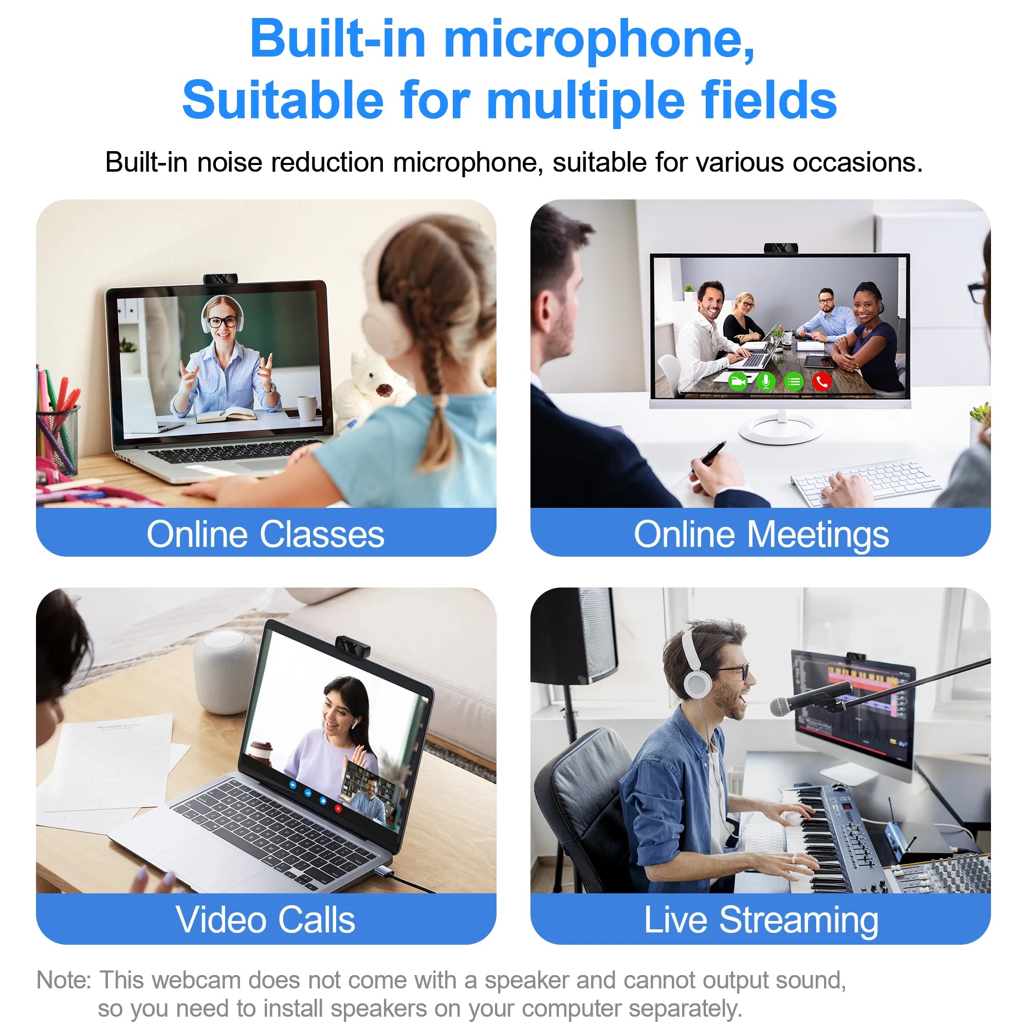 Full HD Webcam with Built-in Microphone and Rotatable Tripod, 1080P Video and Wide Angle Camera, Privacy Cover, for Desktop PC