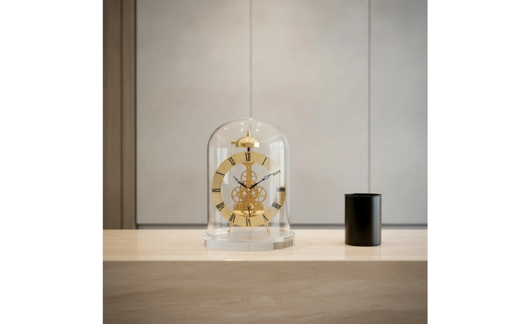 Clock with Glass Dome Mechanical-Style Quartz Skeleton Clock Retro Chiming for Collectors Living Room Home Office Decoration