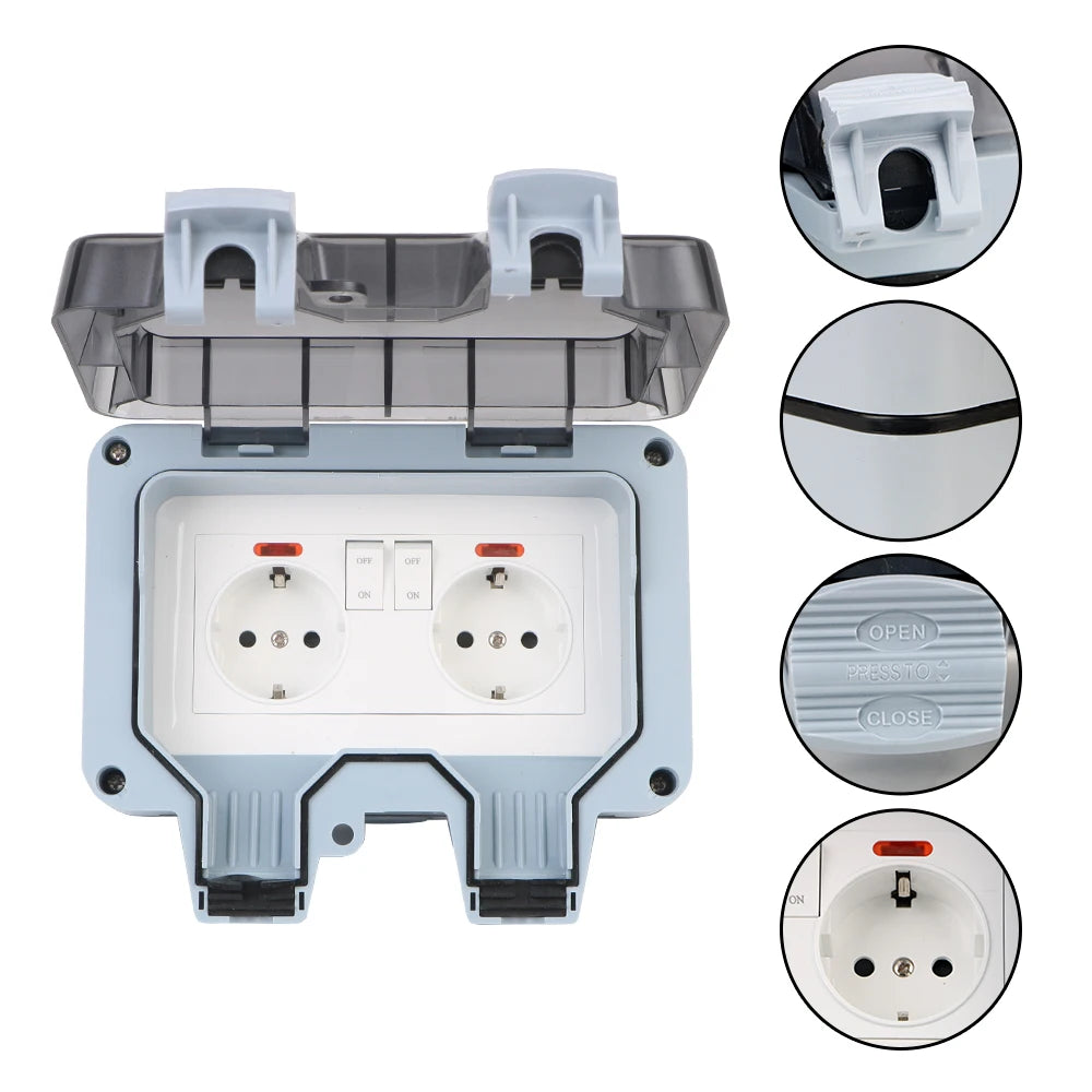 Double EU Socket Power Supply Switch Socket 16A Outdoor Wall Power Socket With USB Charging for Home& Garden IP66 Weatherproof