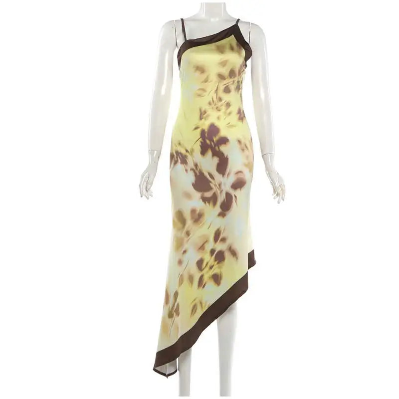 Yellow Brown Tie-Dye Midi Dress Print Halter Neck Open Back Asymmetric Hem Chiffon Dresses 2026 Party Women Fashion Chic Outfit