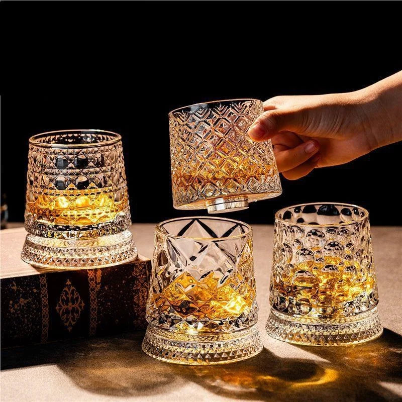 【Whiskey Glasses Rotating Whisky Glass With Glass Base 360 Rotate Degrees Crystal Rum Glass For Cocktail Party Drinking】