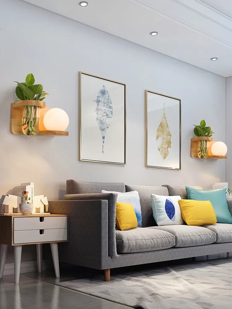 Modern Wooden Lamp Led Wall Lamps Nordic Personality Creative Green Plant Pot Home Decor Living Room Aisle Loft Light Fixtures