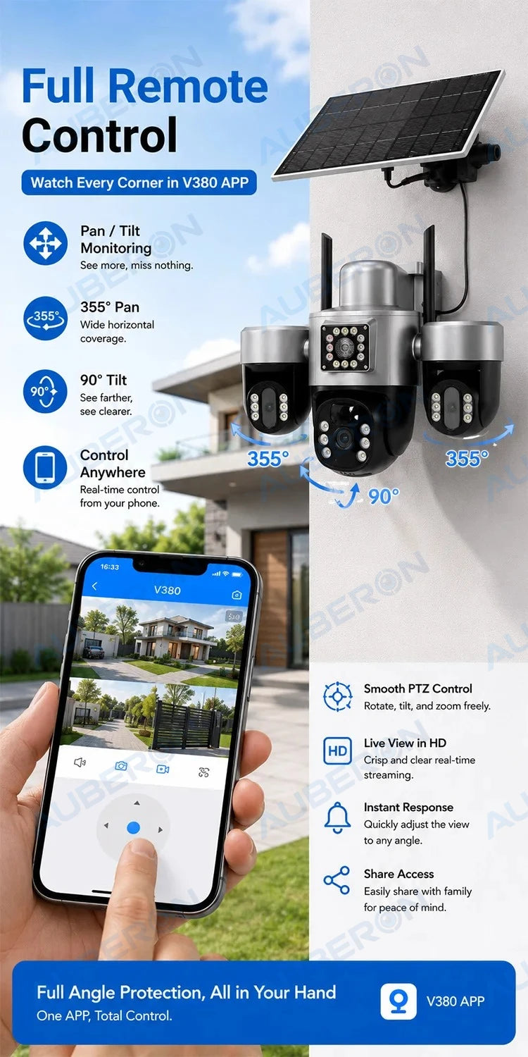 Solar 4G Security Camera 3 Lens 3 Screen Outdoor V380 APP 6MP PTZ PIR Full Color Night Vision IP66 Waterproof Battery Cam System