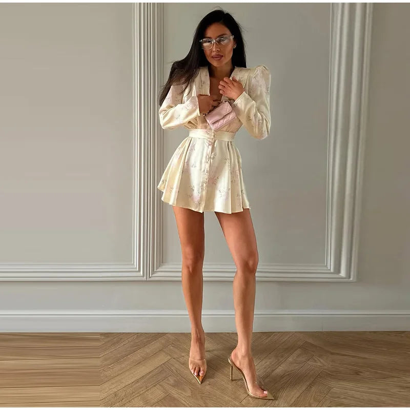 Women's White Floral Print Wide-strap Cami Dress With Waistband Fashion Satin Bodycon Mini Dresses Lady 2026 Elegant Party Robes