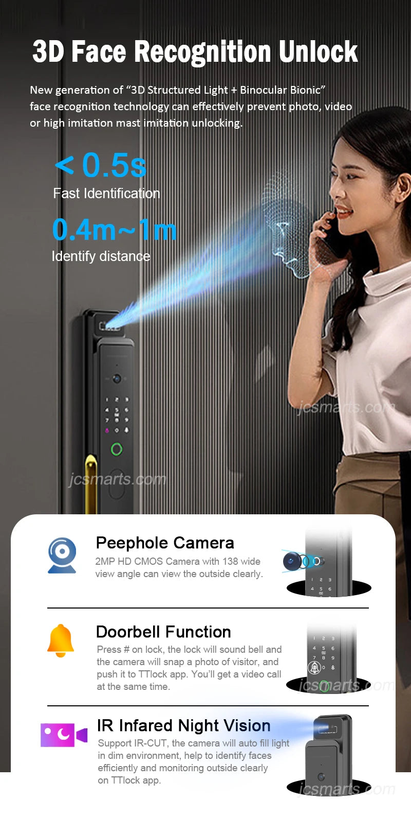 Full Automatic TTLOCK APP 3D Face Recognition Smart Door Lock Fingerprint Password  6068 Combination Digital Door locks