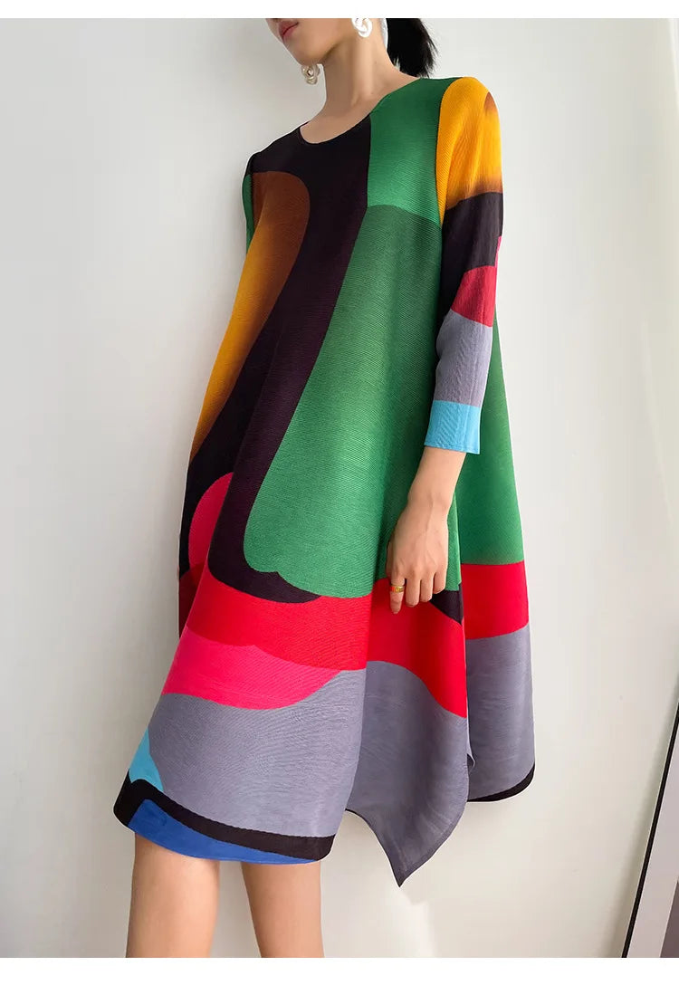 Miyake Pleated Print Dress 2024 New Early Spring Fashion Elegant A-line Swing Dress Elegant Women's Clothing High-quality