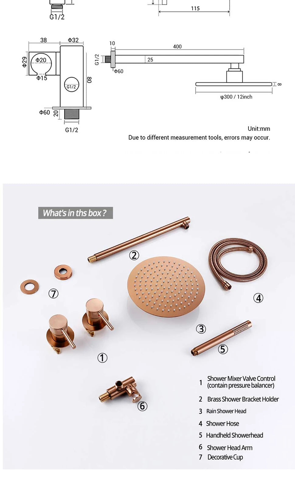 Wall Mounted Bathroom Shower Rainfall Shower Set Rose Gold Mixer Brass Faucet Hot Cold Water Mixer Tap With Head 8/10/12 Inch