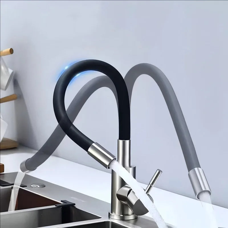 Rotatable Universal Bending Kitchen Sink Hot and Cold Dual-use Faucet 304 Stainless Steel Silicone Tube Sink Faucet