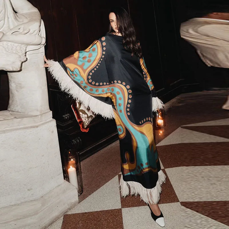 Printed Women's Dress Half Sleeve Round Neck Long Dress Tassel Hem Dress Daily Fashion Outfit Suitable for Date Party 2026