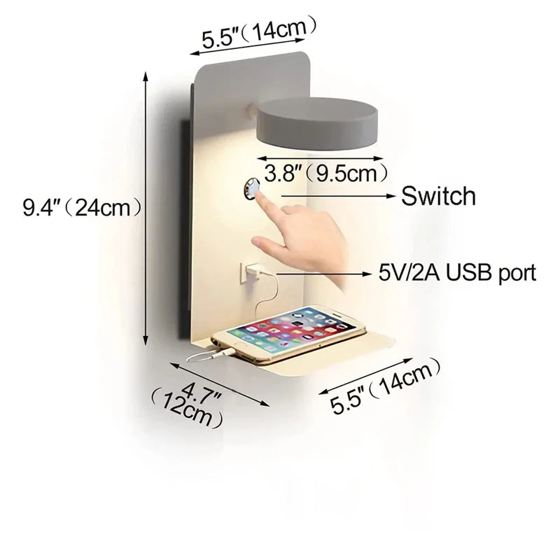 Modern LED Wall Lamp With Switch USB Charging Port 9W Black White Aisle Wall Lights Bedroom Bedside Wall Sconce Decoration Lamps