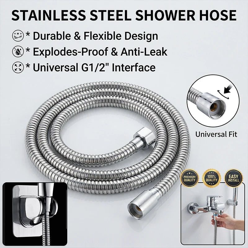 Stainless Steel Shower Hose 1.5M/2M Flexible Chrome Matte Black Universal G1/2 Connector Explosion-proof Bathroom Water Pipe