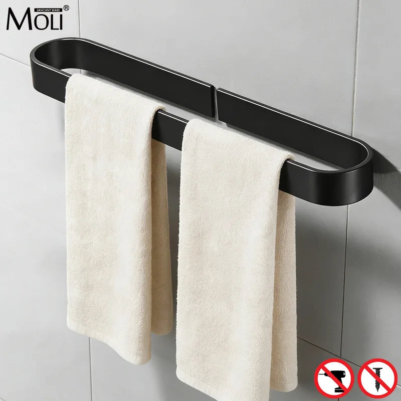 Self-adhesive Black Bath Towel Holder Bathroom Towel Rack No Punch Towel Rail Rack Towel Holder Bath Storage Shelf ML65B