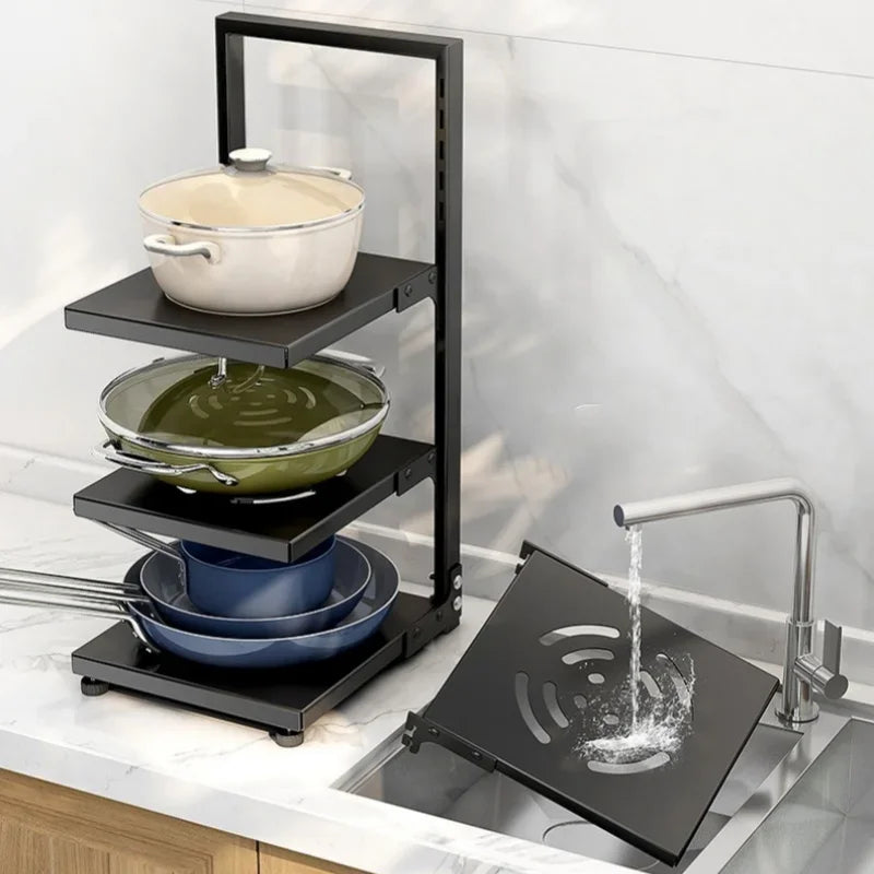 Kitchen Storage Rack Adjustable Plates and Pots Carbon Steel Storage Rack Free Layered Snap-on Floor Pot Rack Kitchen Storage
