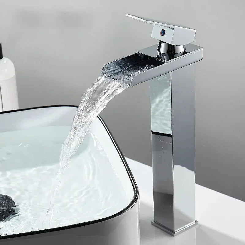 Waterfall Wide Mouth Stainless Steel Faucet Hot and Cold Above Counter Basin Wash Basin Home Bathroom Basin Faucet