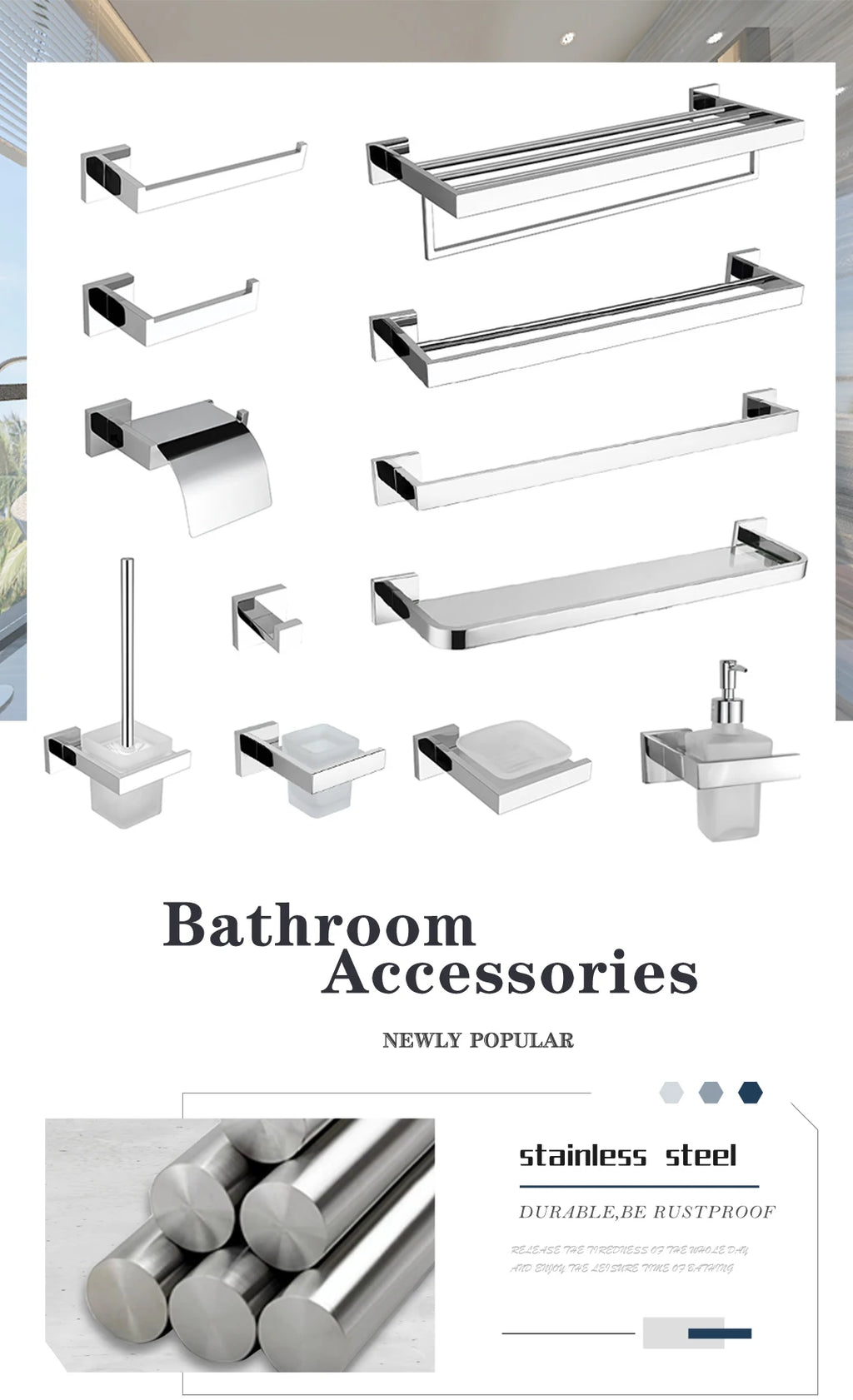 Stainless Steel Chrome Bathroom Hardware Set Square Towel Rack Towel Rack Tissue Holder Robe Hook Bathroom Rack Accessories
