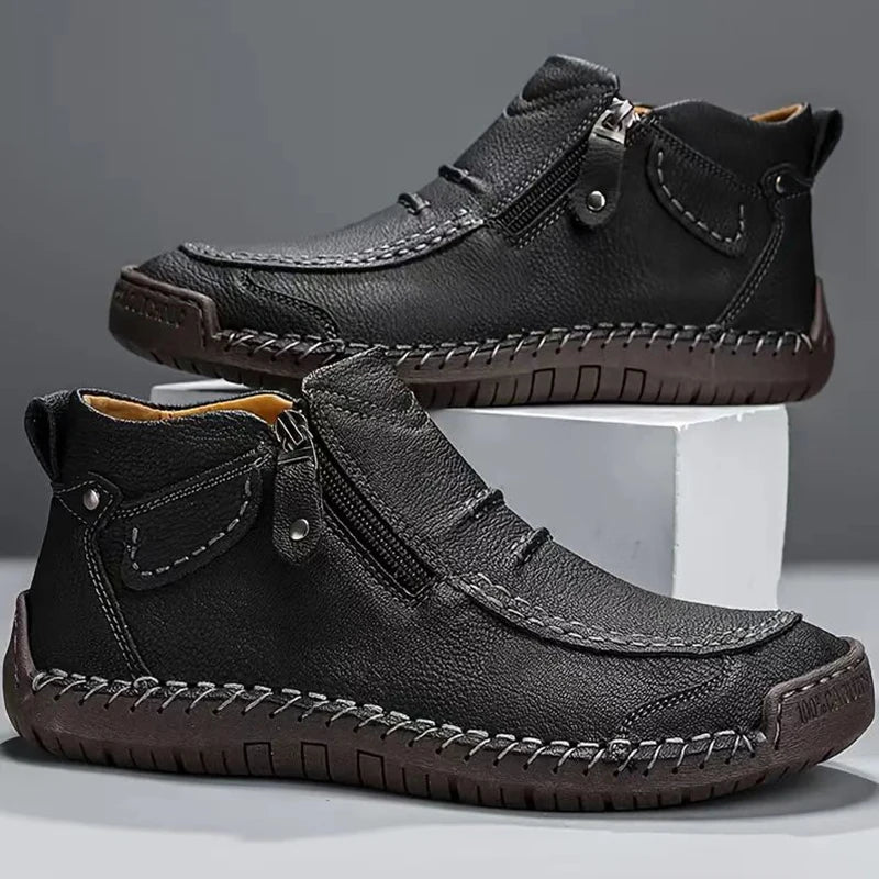 Handmade Leather Casual Shoes for Men Sneakers Men Flat Footwear Zipper Leather Boots Men Ankle Outdoor Walking Plus Size 39-48