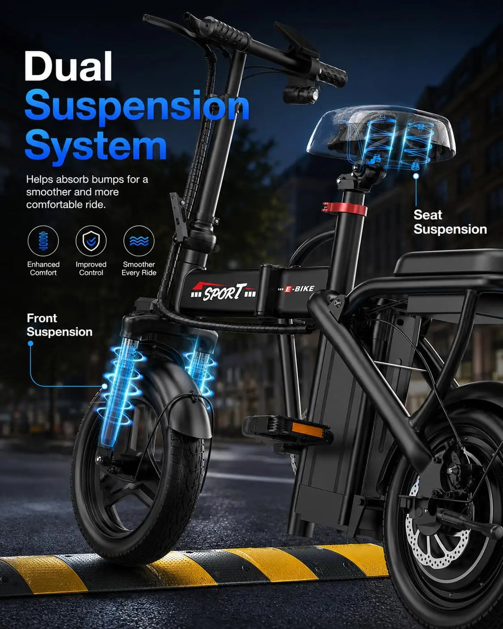 1200W Peak Motor Foldable Electric Bike, 25 MPH 45 Miles Dual Suspension 14" Tires 3 Speed Modes Commuter Ebike Adults , Custom