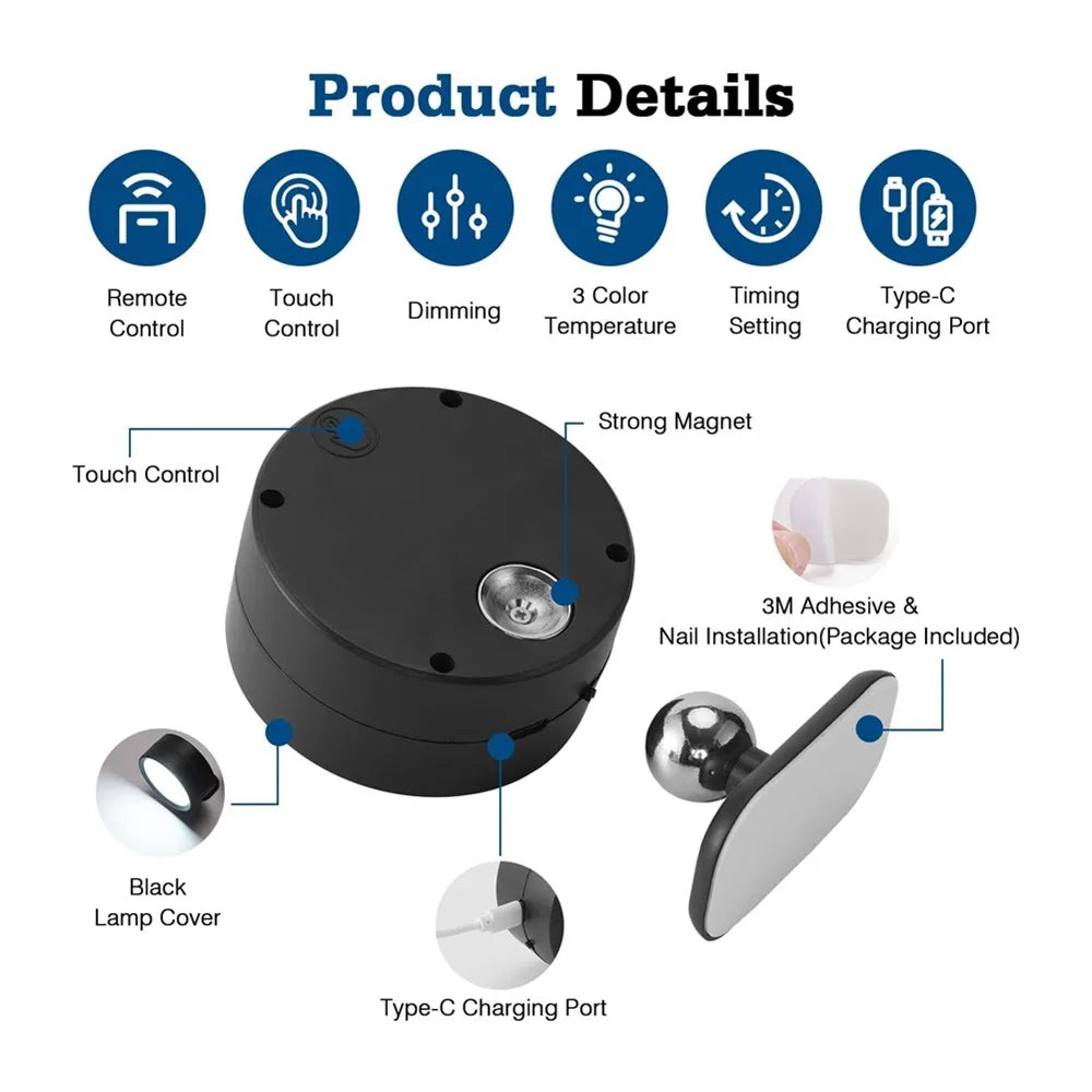 Led Wall Lamp Touch Control 12 Color Modes Remote 360 Rotatable USB Recharge Wireless Portable Night Light For Bedroom Reading