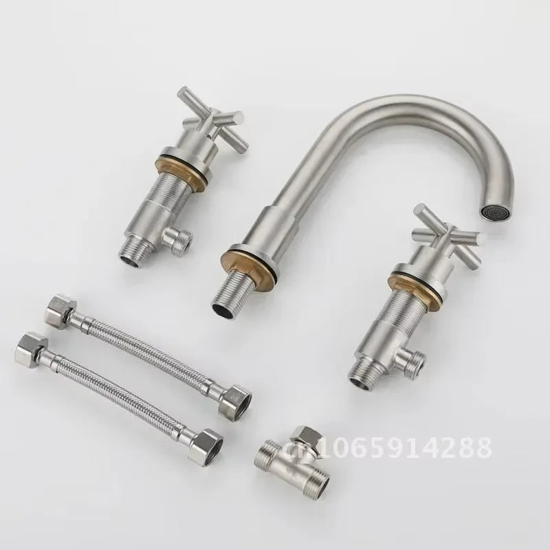 Free Faucet Bathroom WashBasin Dual Tap Solid 304 STAINLESS STEEL Faucet Handles Lead Set Basin Holes Tap Mixer Bathtub Sink 3