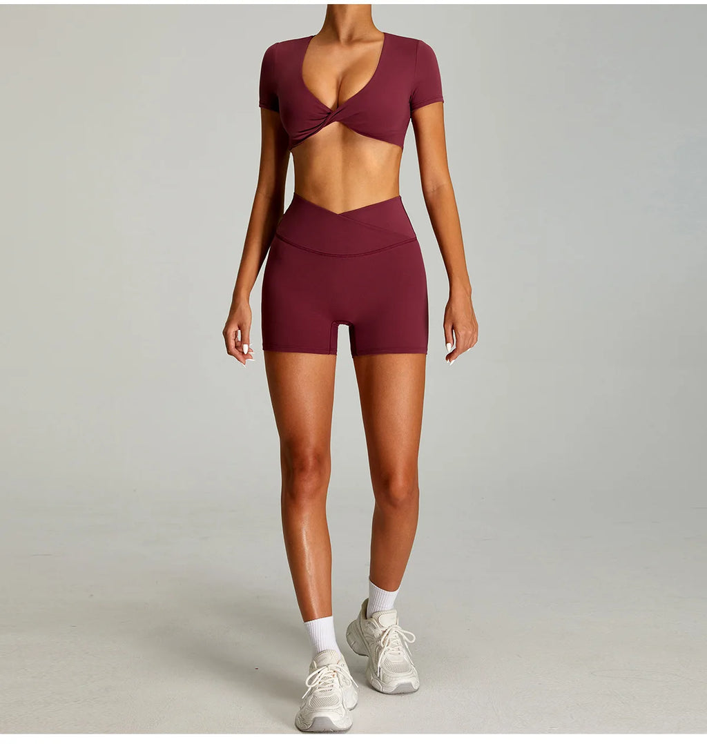 mikeyoga Women Yoga Suit 2PCS Sports Set Quick-Drying Gym Set Women Tracksuit Running Workout Short Sleeves Sports Yoga Clothing