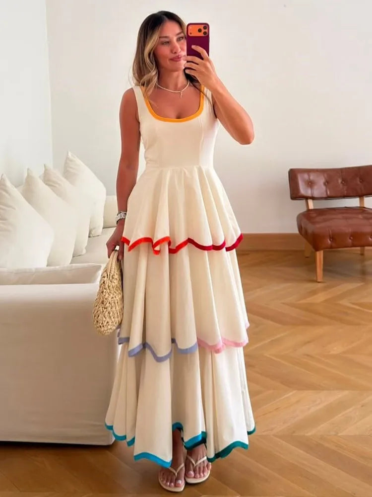 Fashion Women's Dress Round Neck Strapless Sleeveless Cascading Ruffled Hem Dresses Chic 2026 Summer New Daily Wear Ladies Robes