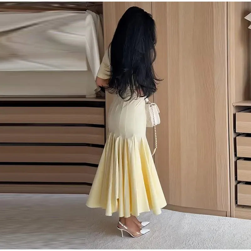 Elegant Pleated Waist-cinching Long Dress Women's Sexy V-neck Short Sleeve Bodycon Dresses 2026 Summer New Lady Solid Robes