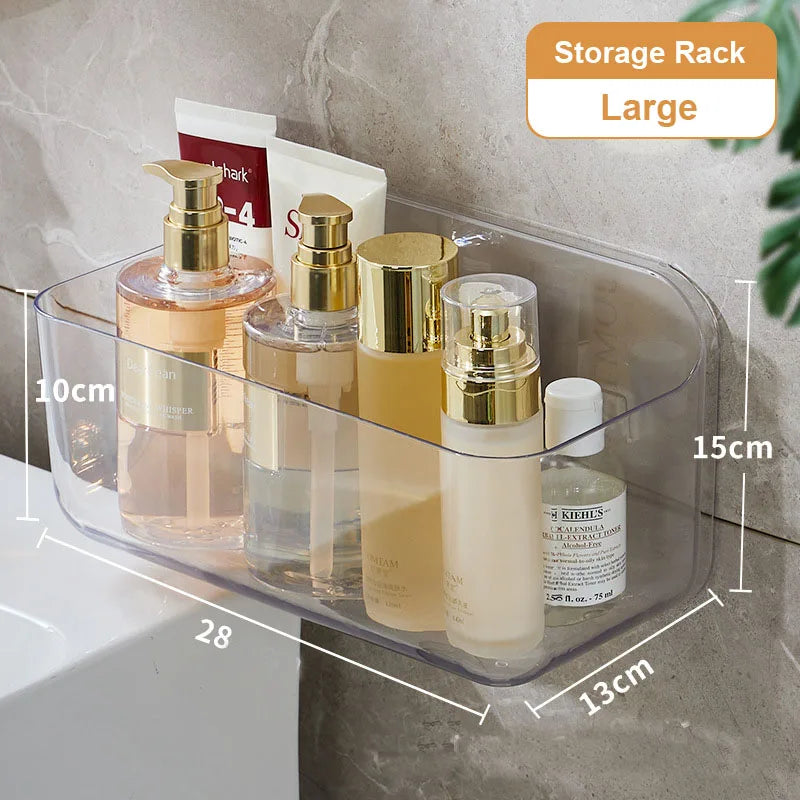 Large Transparent Bathroom Shelf, Adhesive Wall-Mounted Storage for Shower Gel/Bottles, Extra Deep PET Vanity Organizer