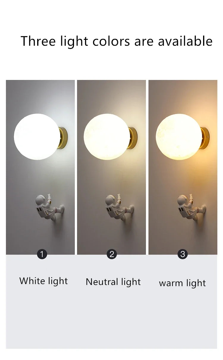 Modern Astronaut Wall Lamp Natural Alabaster Planet LED Sconce Kids Bedroom Astronaut Nursery Decor
