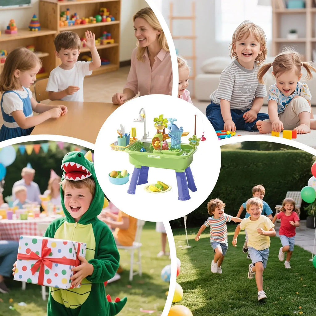 Kitchen Water table Sets with Pump,Tableware & Fishing Game for Kids,Children's Play Sink with Running Water & Electric Faucet