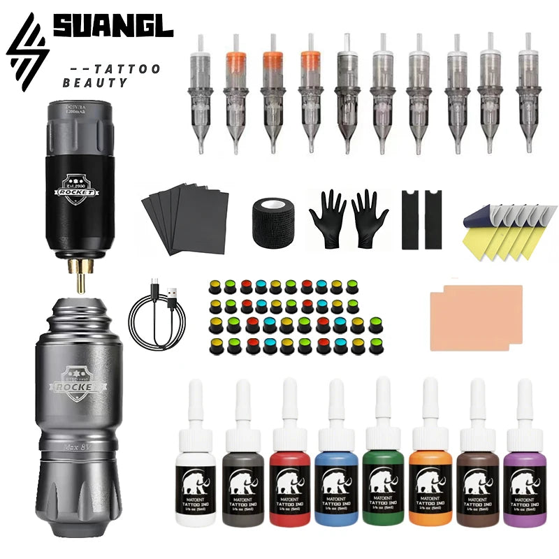 Wireless Tattoo Pen Kit Mini Rocket RCA Battery Rotary Gun with Tattoo Ink and Needles Complete Starter Set for Beginners