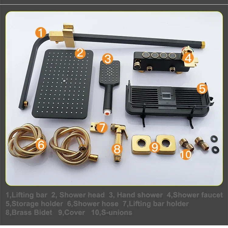 Hot Cold Bathroom Shower Set 12 Inch Rain Shower Head Quality Brass Bathroom Mixer Faucet Black Gold Thermostatic Shower System