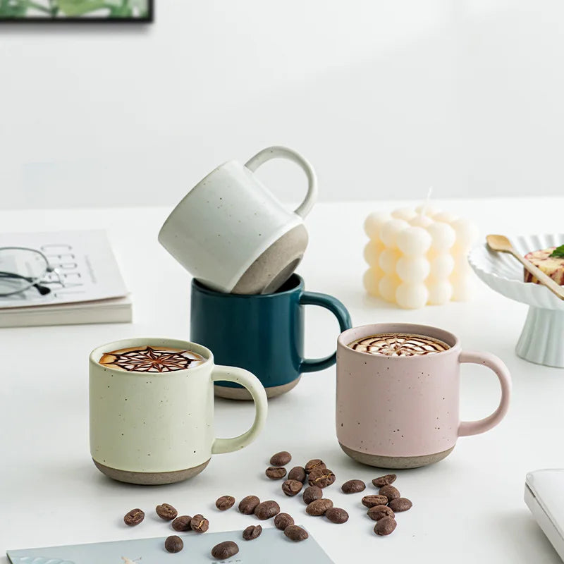 Custom Modern Design White Small Frosted Ceramic Tumblers Unglazed Base Speckled Coffee Mug With Handle Speckled Ceramic Mug