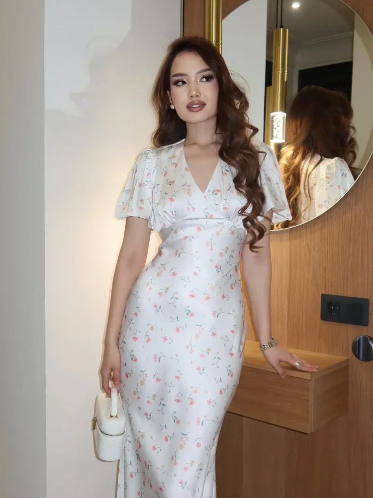Elegant Printed V-neck Maxi Dress Women Fashion Satin Puff Short Sleeve High Waist Slim Long Dresses 2026 Summer Lady Party Robe