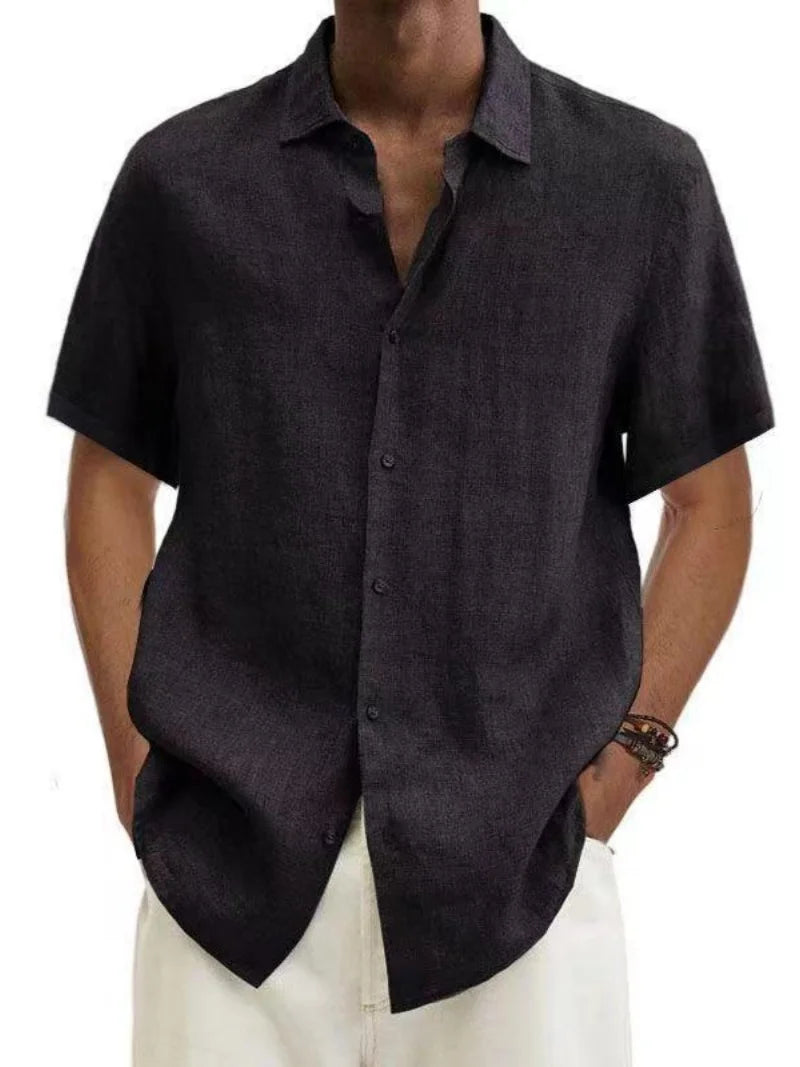 Men's Short Sleeve Linen Blend Shirt Casual Button Down Collar Lightweight Breathable Top