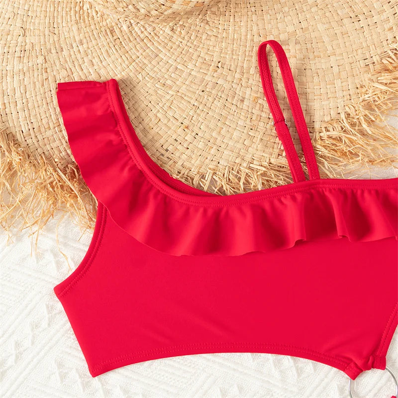 Bikini Girls Kids Swimsuits One Shoulder Ruffles Swimwear Solid Color Backless Bathing Suit