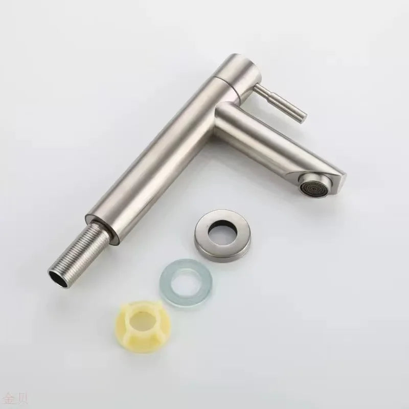 Basin Faucet 304 Stainless Steel Single Cold Water Tap Black Silver Color Deck Mounted Lengthening and Raising Basin Sink Tap