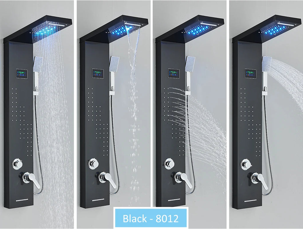 LED Shower Panel Tower System Rain Waterfall Shower Column Hydroelectricity LCD Display With Massage Body Spa Bath Shower Faucet