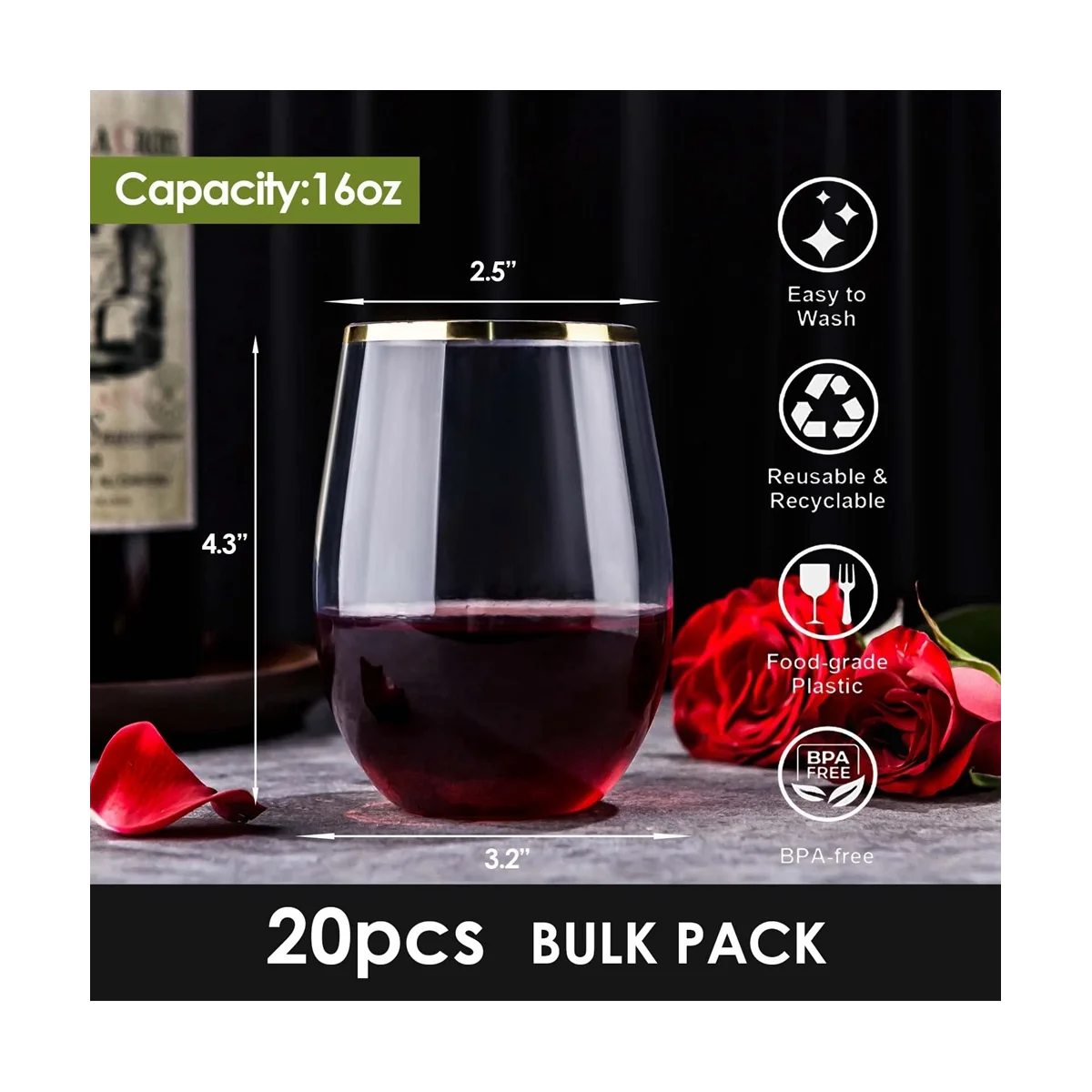 Disposable Stemless Wine Glasses, Plastic Wine Cups, Whiskey Glasses, Clear Drinking Glasses for Party